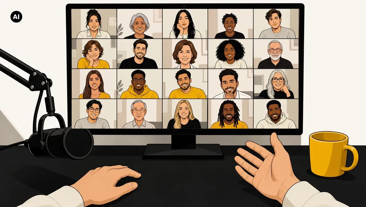 Blick vom Platz des Hosts auf den Bildschirm: alle zwanzig Plätze im Webinar sind belegt, der Host erklärt mit offener Handbewegung