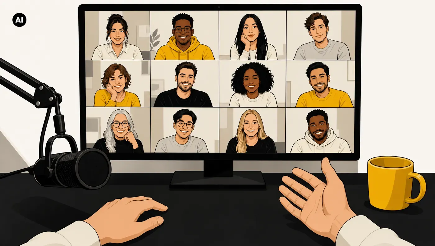 Blick vom Platz des Hosts auf den Bildschirm: alle zwölf Plätze im Webinar sind belegt, der Host erklärt mit offener Handbewegung
