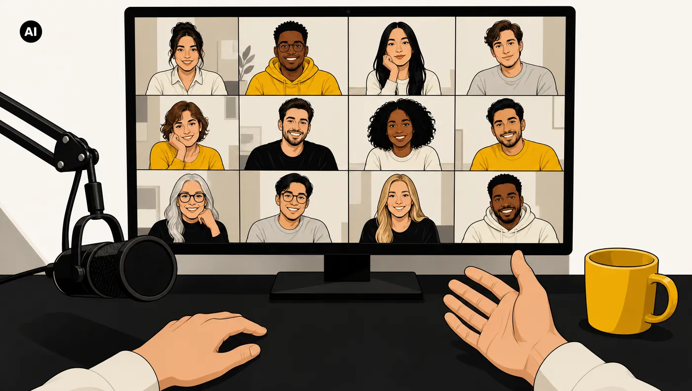Blick vom Platz des Hosts auf den Bildschirm: alle zwölf Plätze im Webinar sind belegt, der Host erklärt mit offener Handbewegung